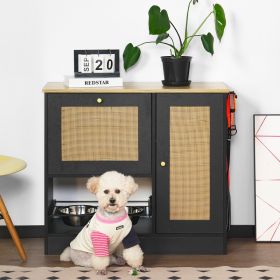Feeding station with 2 lockers, pet feeding station with 2 elevated dog bowls, side hooks, anti-tipping kit, hidden pet feeding station for feeding an