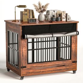 42in  Large Dog Crate Furniture, Double Door Wooden Indoor Dog Kennel Furniture, Decorative Pet Cage End Table With Wheels For Large Breed Dogs, Size (Option: Brown)