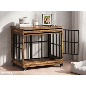 32in  Dog Crate Furniture, Double Door Wooden Indoor Dog Kennel Furniture, Decorative Pet Cage End Table With Wheels For Medium And Small Breed Dogs, (Option: RUSTIC BROWN)