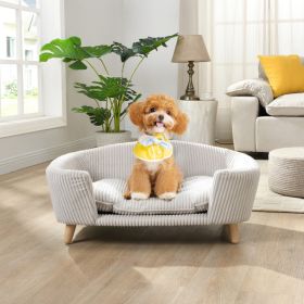 Elevated Dog Bed Frame for Small Dog, Corduroy Pet Couch Bed with Rubber Wood Legs and Supportive Foam, Easy Assembly (Color: Beige)