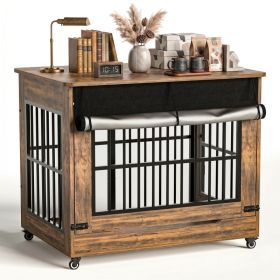 42in  Large Dog Crate Furniture, Double Door Wooden Indoor Dog Kennel Furniture, Decorative Pet Cage End Table With Wheels For Large Breed Dogs, Size (Option: RUSTIC BROWN)