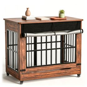46in Large Dog Crate Furniture, Double Door Wooden Indoor Dog Kennel Furniture, Decorative Pet Cage End Table With Wheels For Extra Large Breed Dogs, (Option: Brown)