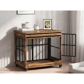 38in  Dog Crate Furniture, Double Door Wooden Indoor Dog Kennel Furniture, Decorative Pet Cage End Table With Wheels For Large And Medium Breed Dogs, (Option: RUSTIC BROWN)