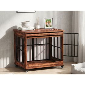 32in  Dog Crate Furniture, Double Door Wooden Indoor Dog Kennel Furniture, Decorative Pet Cage End Table With Wheels For Medium And Small Breed Dogs, (Option: Brown)