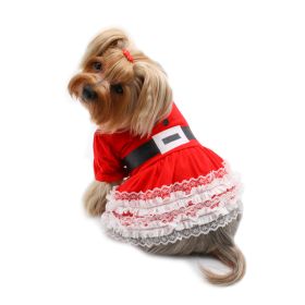 Lace Ruffles Puffy Sleeves Christmas Dress (Color: Red, Size: XS)