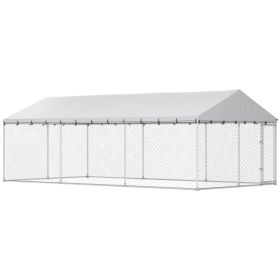 Heavy Duty Outdoor Dog Kennel with Waterproof Roof, 2 Secure Latches, Chain Link Dog Run for Backyard (Size: 20 X 10 X 7)