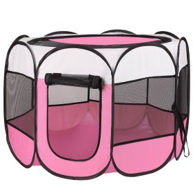 Portable Foldable Pet Playpen Exercise Pen Kennel Removable Zipper Top And Bottom Water Resistant Indoor Outdoor Use For Dogs Cats Other Pets (Color: Pink)