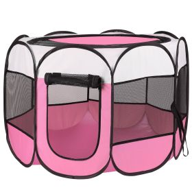 Portable Foldable Pet Tent Exercise Pen Kennel Removable Zipper Top and Bottom Water Resistant Indoor Outdoor Use For Dogs Cats Other Pets (Color: Pink, Size: Large)