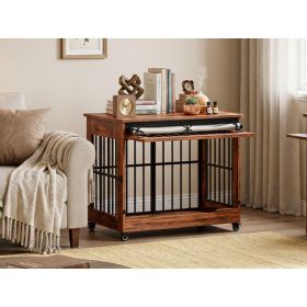 38in  Dog Crate Furniture, Double Door Wooden Indoor Dog Kennel Furniture, Decorative Pet Cage End Table With Wheels For Large And Medium Breed Dogs, (Option: Brown)